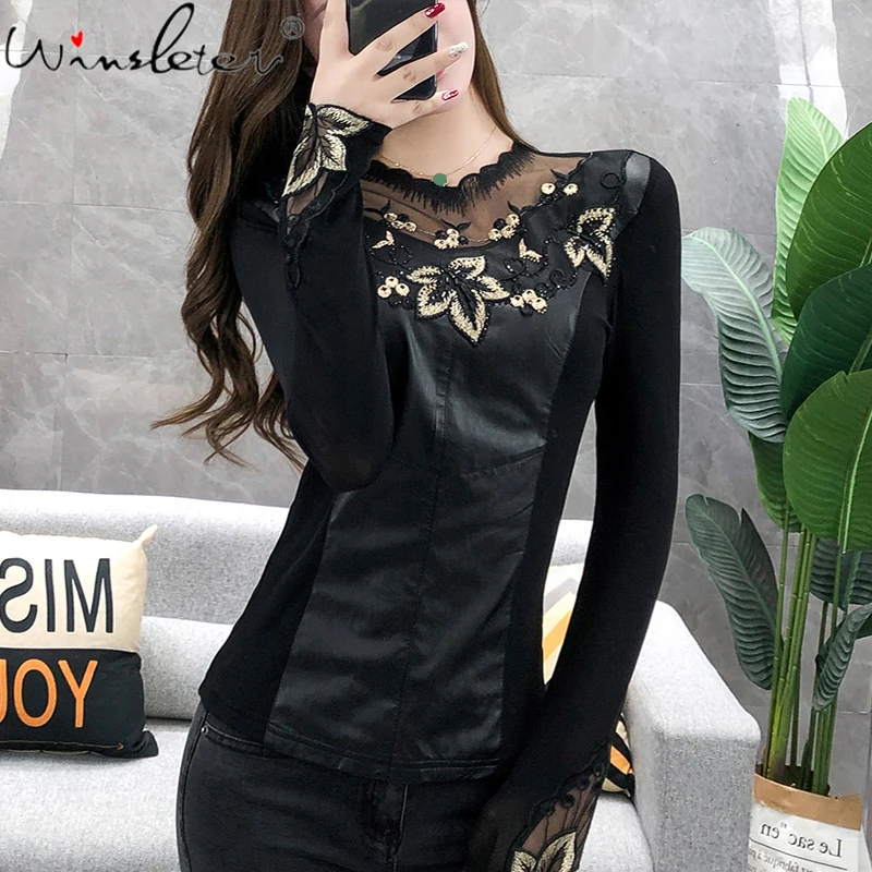

Женская футболка с длинным рукавом, из искусственной кожи, T07629B