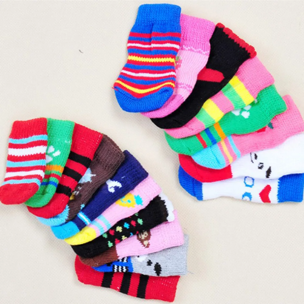 

Puppy Dog Knit Socks 4pc/Set Cute Small Dogs Cotton Socks Anti-Slip Cat Shoe For Autumn Winter Indoor Wear Slip On Paw Protector