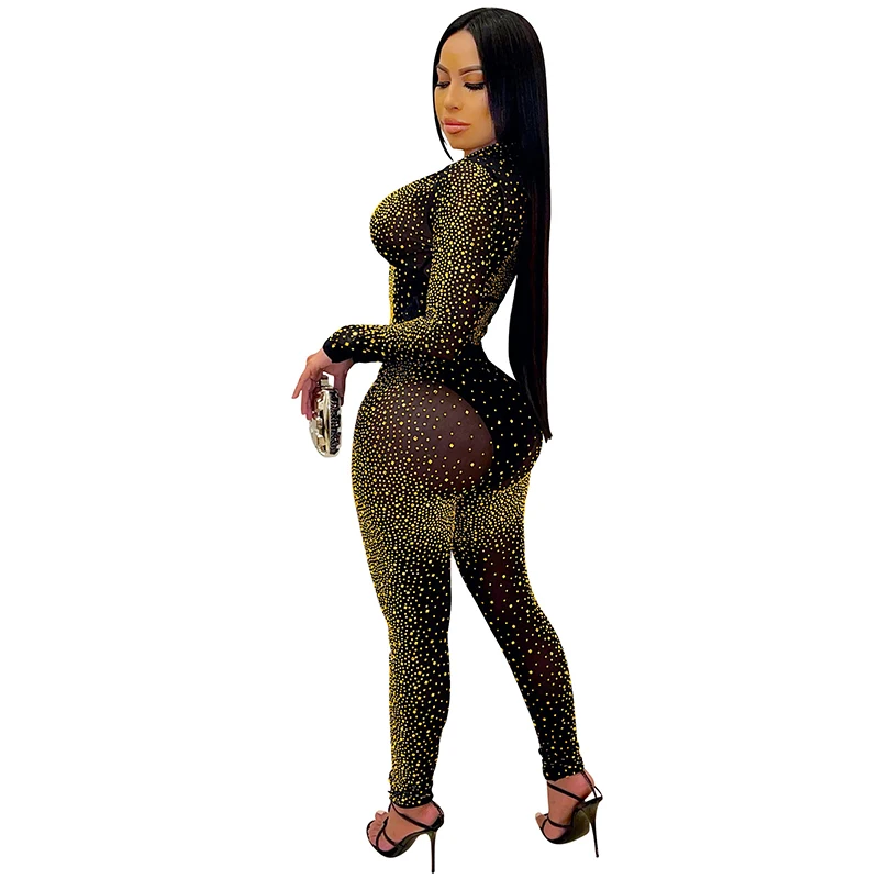 

Woman Studded Diamond Sexy See Through Mesh Long Sleeve Crop Top Bodycon Pencil Leggings 2021 Matching 2 Piece Sets Club Outfits