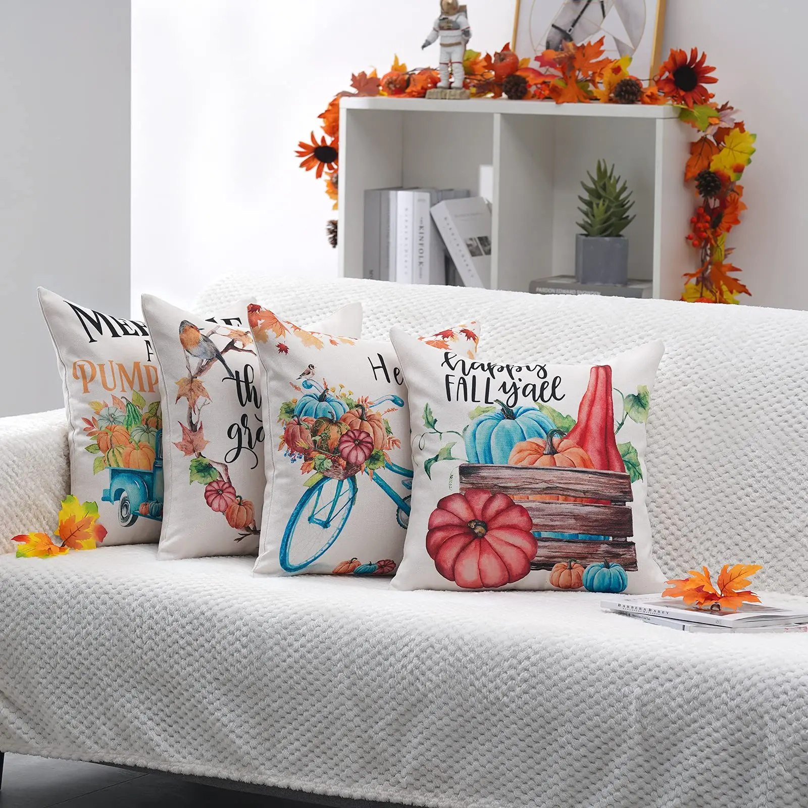 Голубая льняная наволочка с изображением грузовика велосипеда тыквы дивана