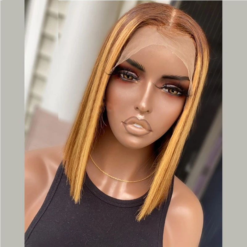 

Preplucked Ombre Highlight Color Cut Short Bob 13x4 Lace Front Human Hair With Baby Hair Brazilian Wigs Breathable Mesh Cap