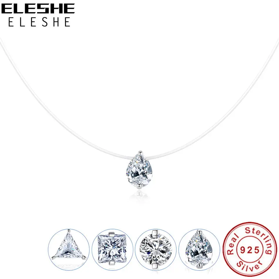 ELESHE 925 стерлингового серебра Невидимый цепь ожерелья Подвески Стразы колье для