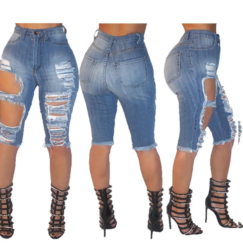 

Новинка лета 2021, пикантные женские джинсовые колготки с высокой талией, рваные эластичные узкие джинсы с дырками, облегающие брюки