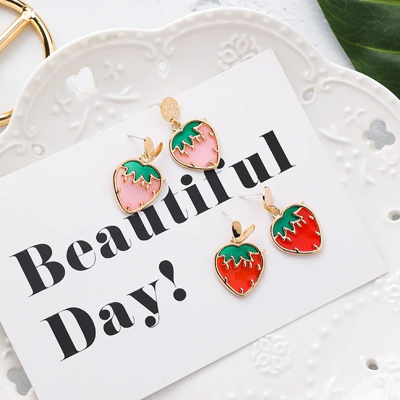 Kawaii Red Pink Strawberry Fruits Earrings Female Cute Korean Fashion Jewelry for Women Accessories Brincos Oorbellen | Украшения и