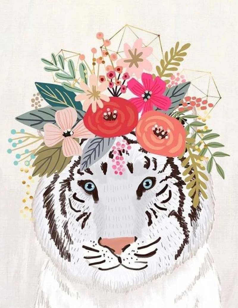 

Animal with Wreath Lion Giraffe White Tiger Koala Dog Toucan 5D DIY Poured Glue Diamond Painting Kits Scalloped Edge Wall Decor