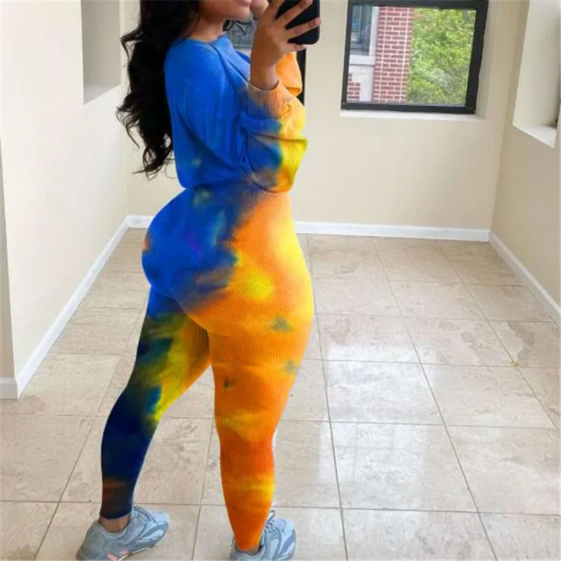 

Tie Dye 2 Piece Set Women Thick Outfits Long Sleeve Woman Crop Tops Pants Suit Casual Tracksuit Women Fall 2021 Women Clothing