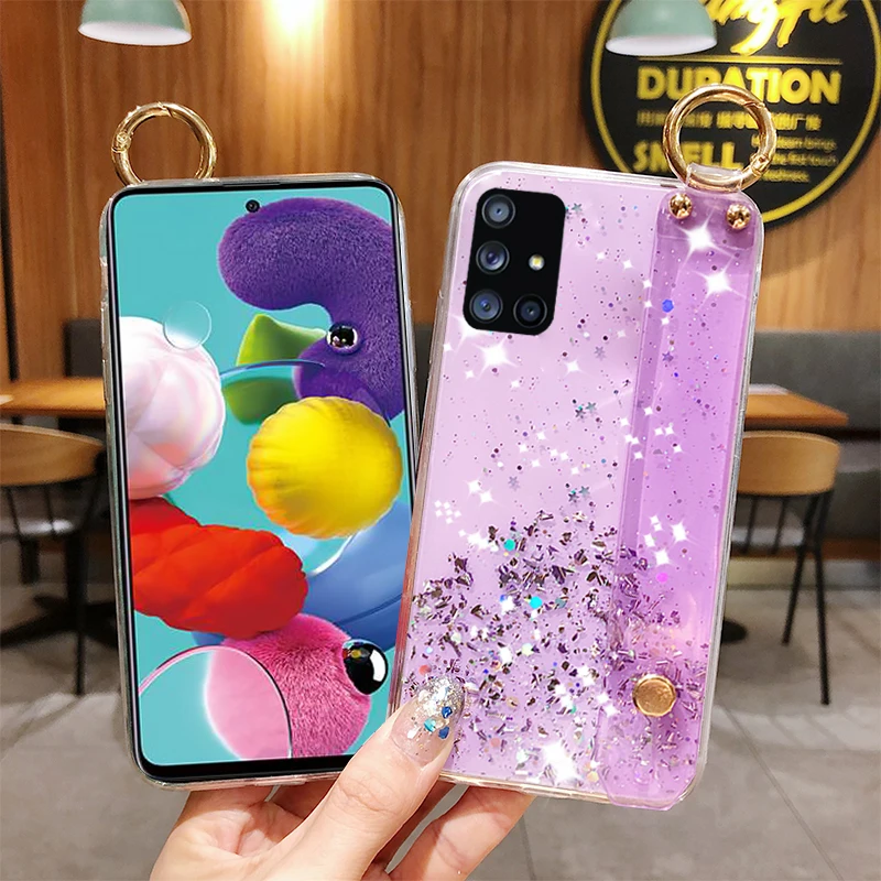 Блестящий чехол с ремешком на запястье для Samsung Galaxy A51 5G A71 A21S A31 A50 M31 A11 A41 A81 S20 Ultra Note