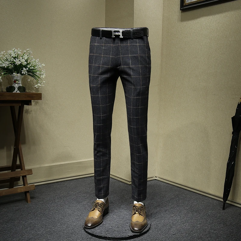 Брюки мужские из 60% шерсти серые в клетку повседневные зауженные для офиса на
