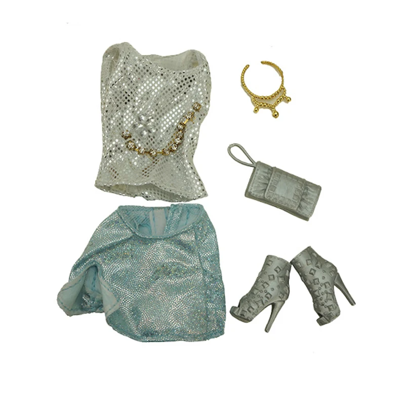 Модные наряды для кукол Барби с блестками серебристая рубашка синяя юбка ботинки