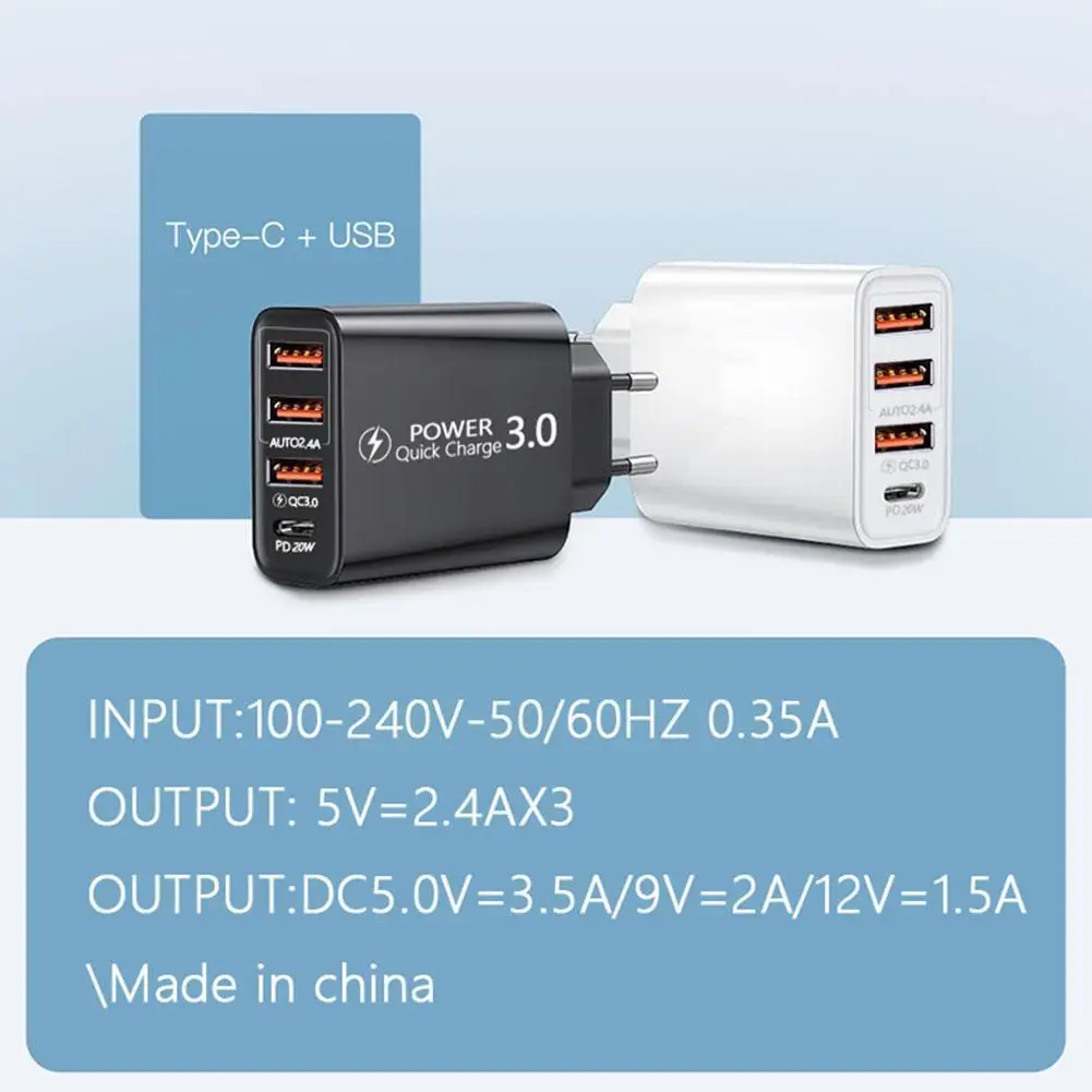 Быстрое зарядное устройство для телефона Тип C PD QC3.0 стандартное Android iPhone и Type-C 3U +