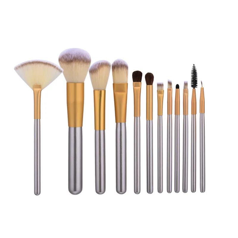 12 Pcs/Set Women Champagne Gold Eyeshadow Eyelash Foundation Blush Eyeliner Powder Fan Makeup Brushes Set |