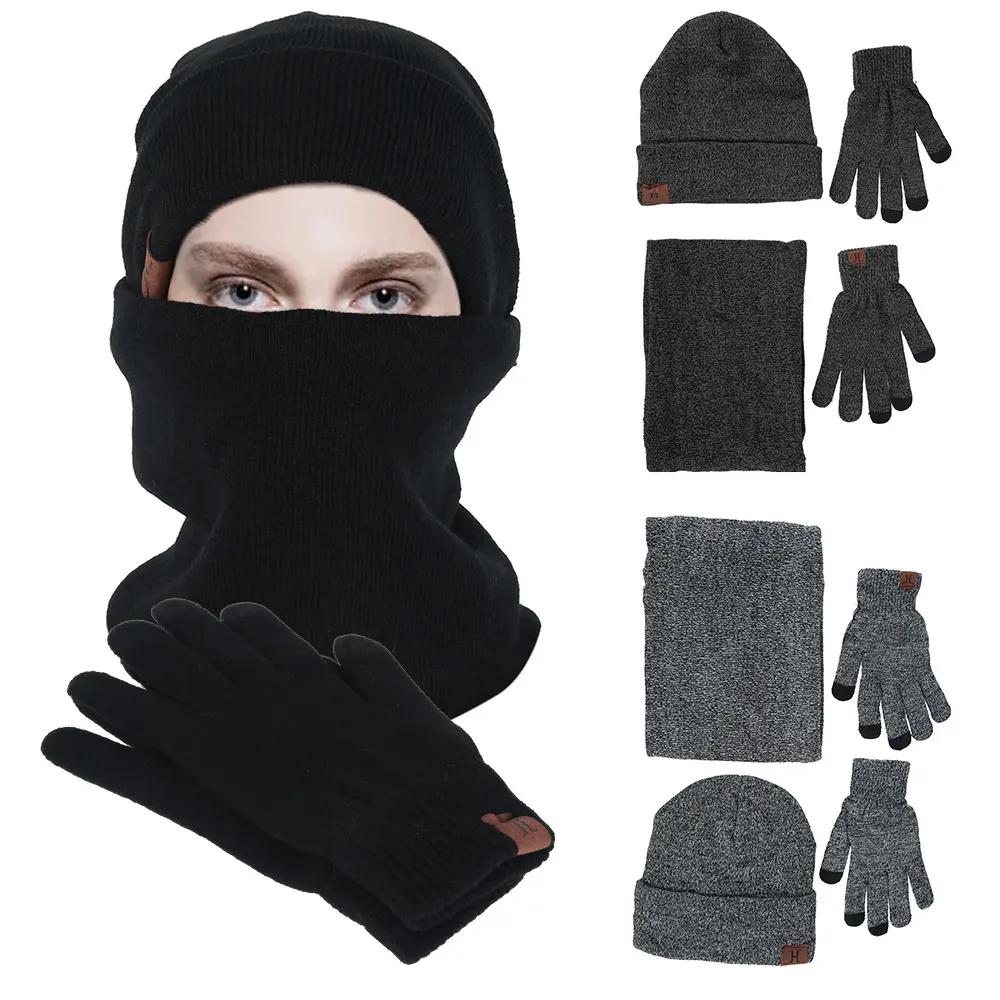 

Unisex Beanies Hat Fleece Scarf Gloves Set Knitted Winter Warm Cap Solid Beanie Hat Touch Screen Gloves 3 Pcs Skullies Beanies