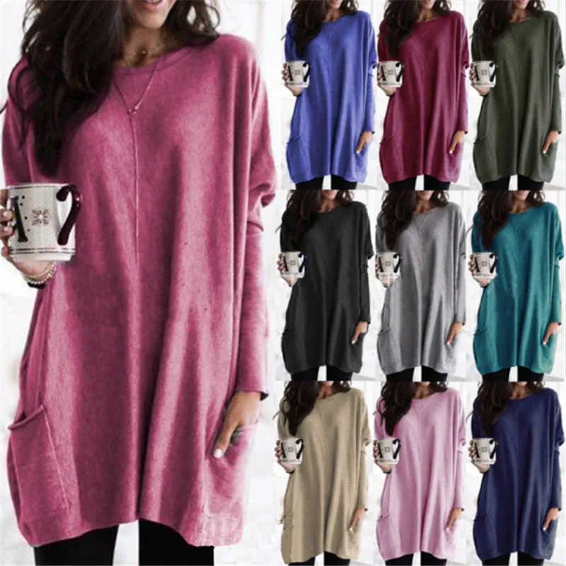 

2021 Summer New Fashion Sexy Pocket Casual Women T Shirt Solid Long Sleeve O Neck Loose Asymmetry Lady T Shirt Plus Size
