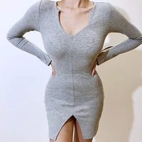 womens spring and autumn long sleeved knitted dress sexy v neck split hip mini skirt casual slim stitching solid color ladies