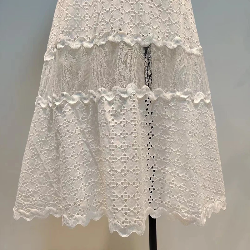 

VGH Elegant White Spring Dress For Female O Neck Puff Sleeve High Waist Patchwork Lace Dresses Female Fashion New Clothing 2021