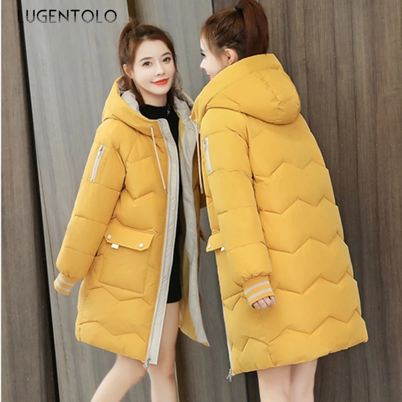 

Lugentolo Winter Women's Hooded Parkas Loose Jacket Warm Mid-Length Coat Casual Zipper Pocket Female Fashion Parkas