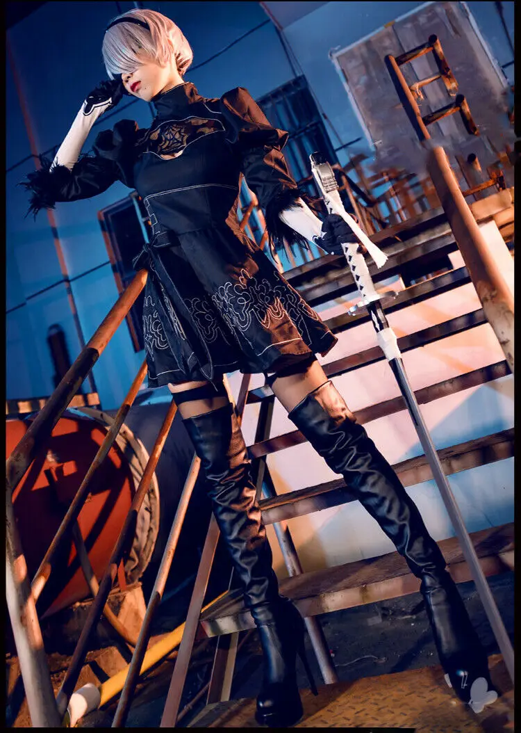 Для НИР автоматов 2B YoRHa № 2 Тип B Косплэй костюм из телепередачи мастера меча онлайн; обувь; ботинки повязки Обувь на высоком каблуке черного цвета выше колена; Соблазнительные кожаные ботинки
