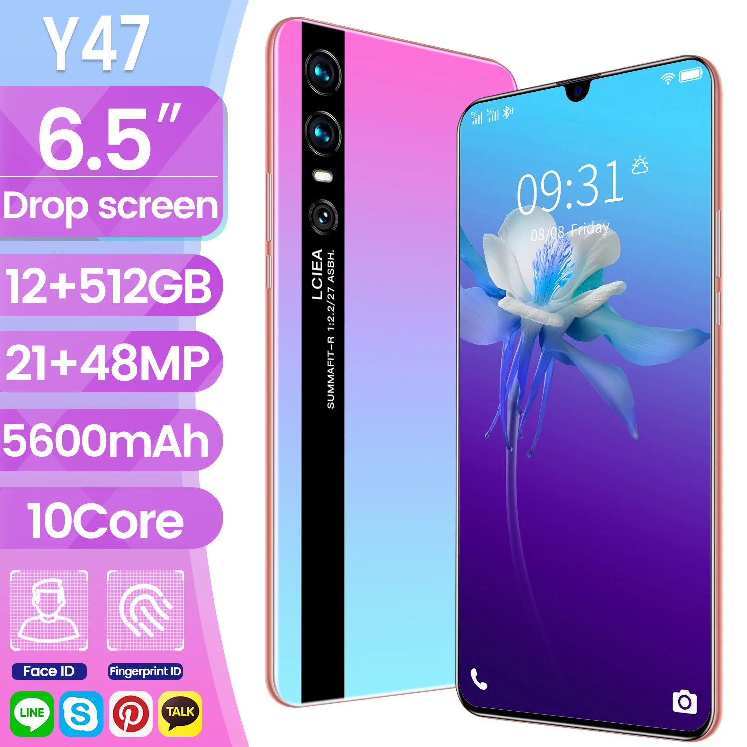 

6.5" Y47 Network 5600mAh MTK6595 Deca Core 48MP Smartphone 12G RAM 512G ROM Android10.0 Global Version Mobile Phone Undefined