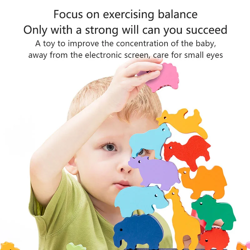 

Children Montessori Wooden Animal Balance Blocks Board Game Toy Dinosaur Educational Stacking High Building Block Wood Toy