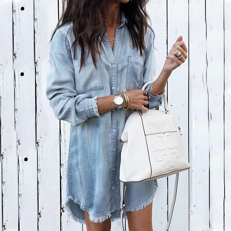 Женское повседневное джинсовое платье рубашка офисное летнее с длинными