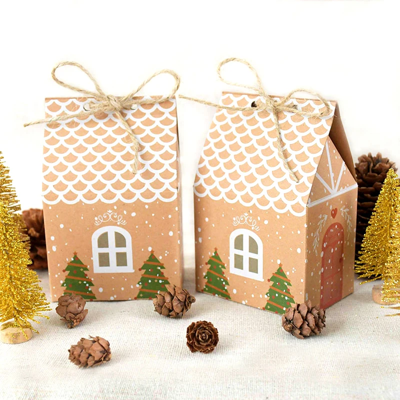

5P Christmas Candy Box House Shape Paper Gift Box Christmas Gift Bag Cookie Box For New Year Christmas Party Favors Navidad 2021