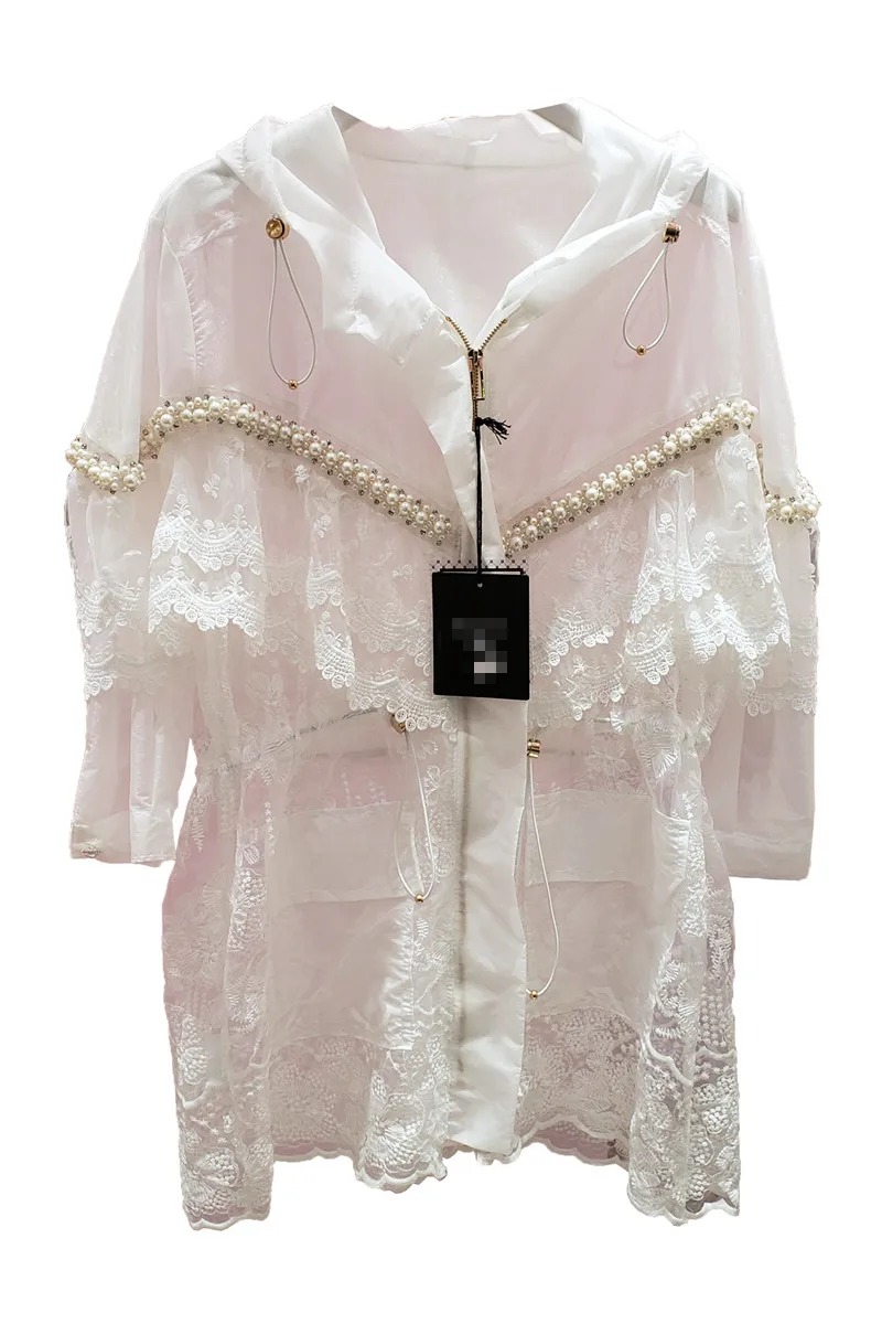 

New 2021 Summer Thin Pearl Lace Stitching Sweartshirt Hooded Cardigan Coat for Women White Long Sleeve Zipper Coat