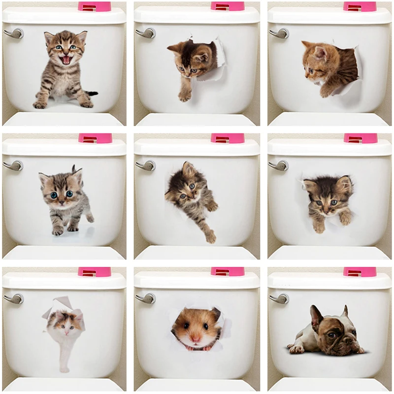 

Cute Cat Dog Toilet Stickers Home Decoration DIY Funny Cartoon Animal Wc Mural Art Vivid 3D effect Puppy Safari Pvc Wall Decal