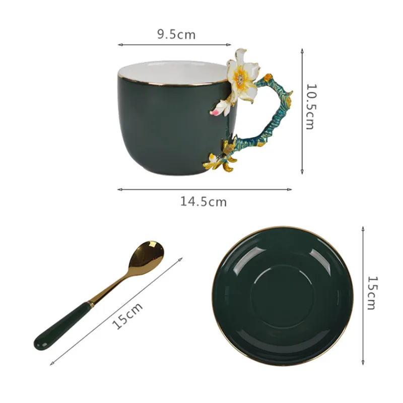 

European Style Ceramic Handmade Enamel Painted 3D Flower Coffee Cup with Saucer Set Office Afternoon Teacup Porcelain Milk Mug