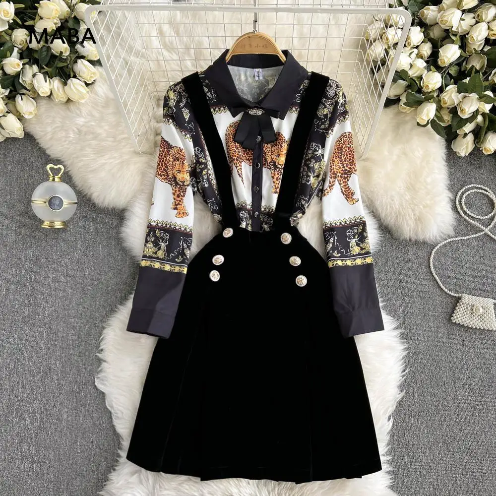 

Long Sleeve Shirt Designer Print Velvet Patchwork Dress Autumn Women Turn Down Collar High Waist Retro Party A-line Dress 2021