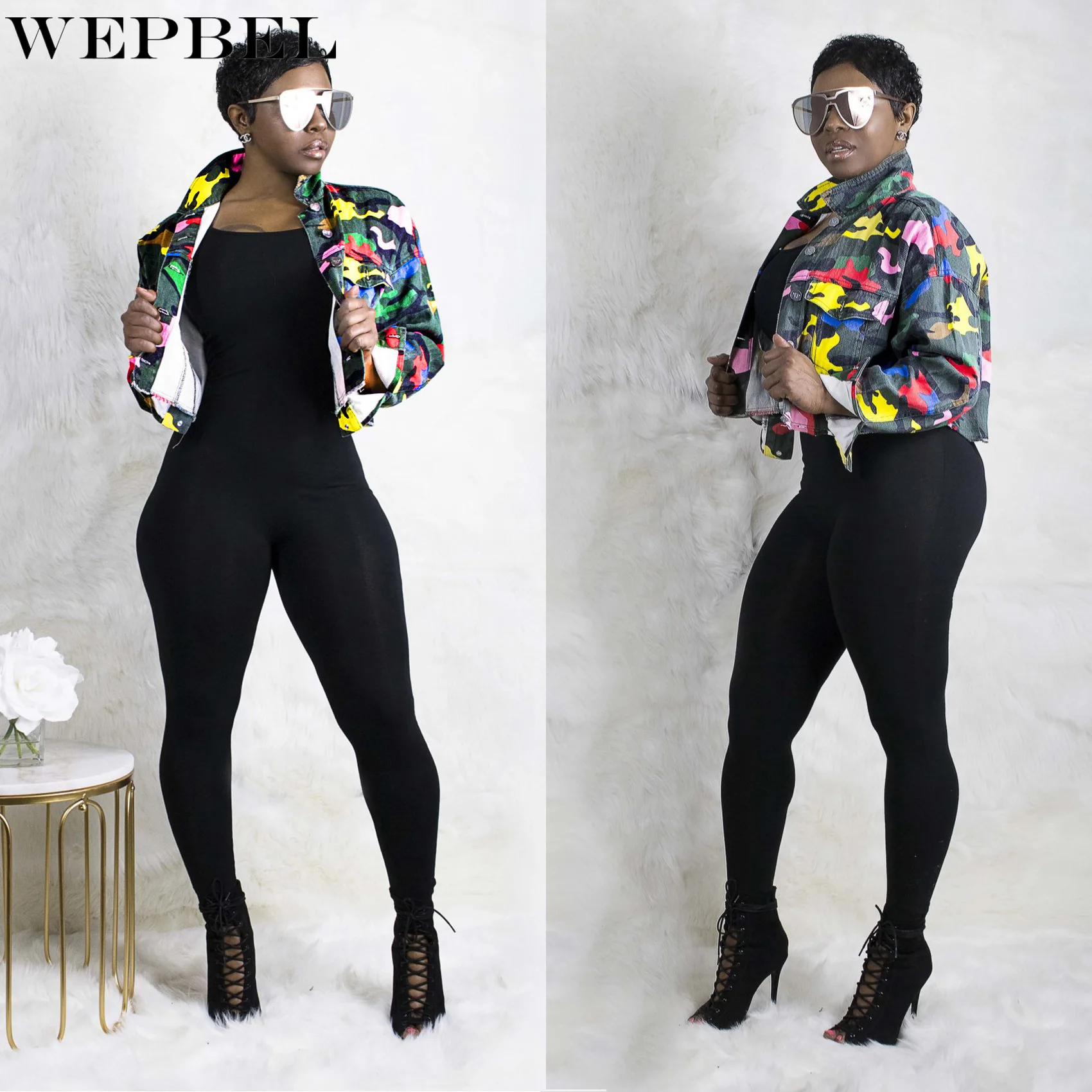 

WEPBEL Coat Women's Casual Tie-Dye Printed Slim Short Jacket Autumn Long Sleeve Single-Breasted Turn-down Collar Denim Jacket