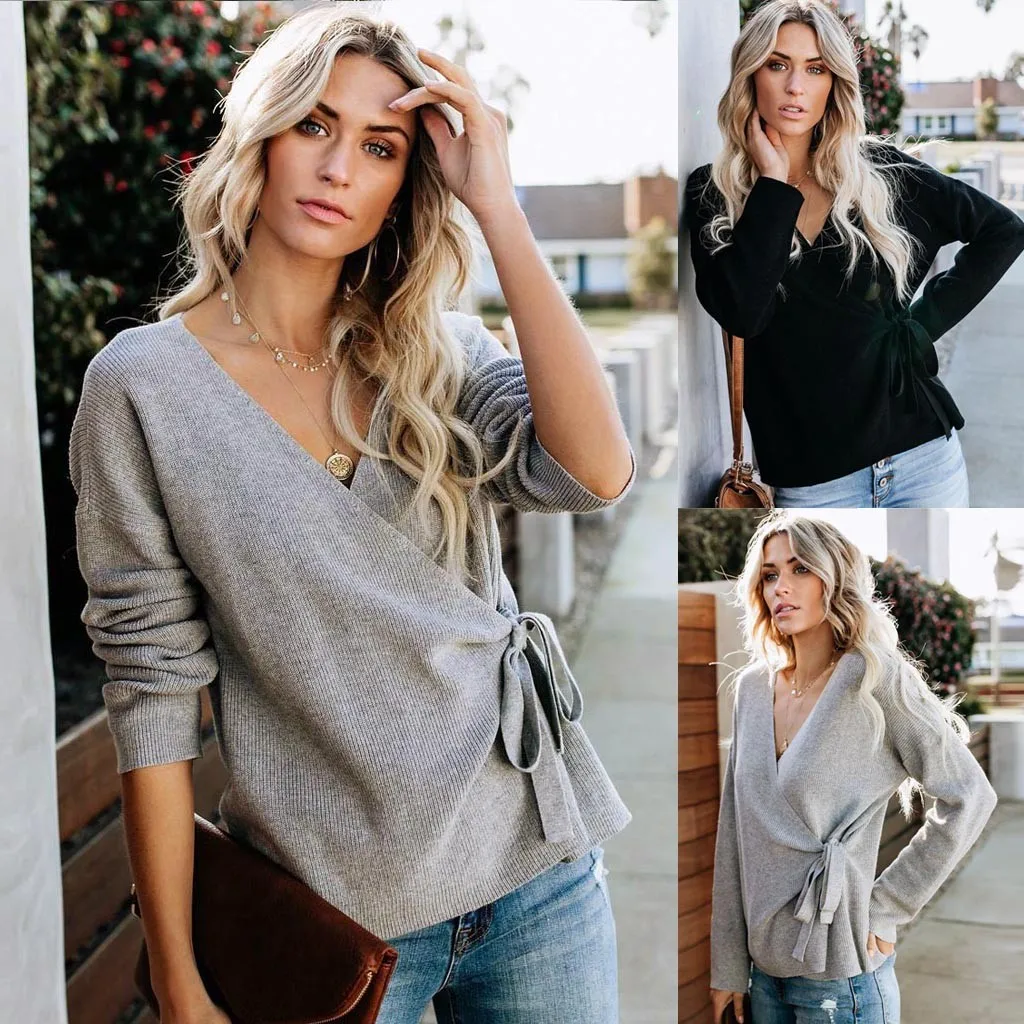 Fashion Elegant Gray V Neck Long Sleeve Up Wrap Sweater Pullovers Women 2019 Spring Fall Black Knitted Jumper Ladies Tops | Женская