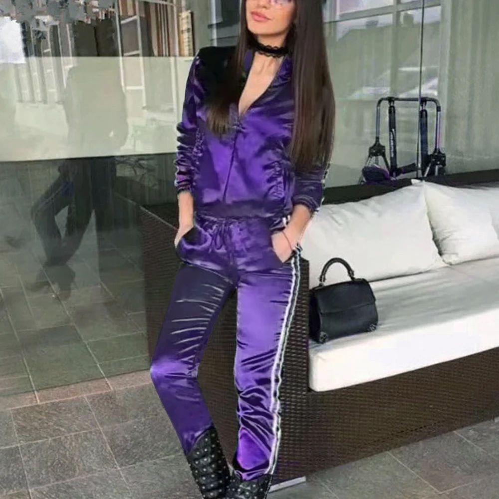 purple Женский спортивный костюм, осенняя одежда с длинными рукавами, спортивная одежда в полоску, комплект для бега из 2 предметов, Femme, топы на молнии, штаны для бега, спортивный костюм - Цвет: purple
