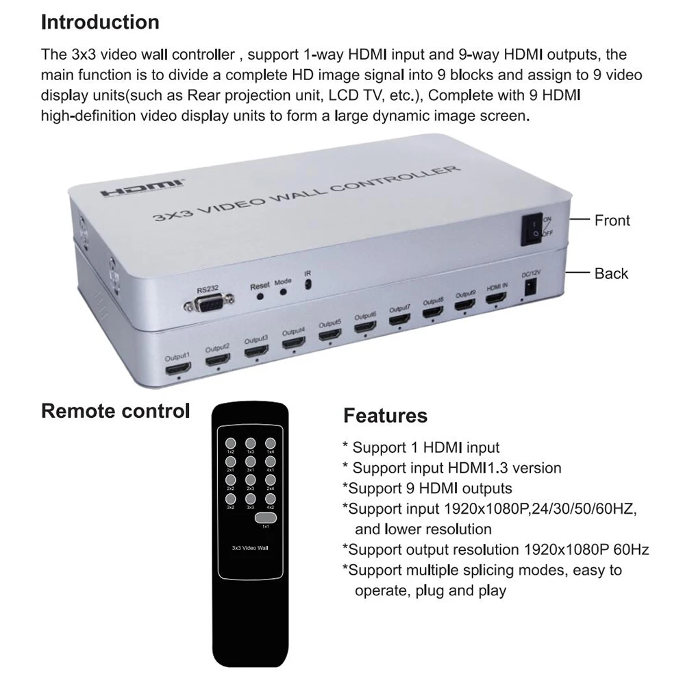 3x3 HDMI видео настенный процессор матричный контроллер Splicer сплиттер дисплей 3x2 2x2 3x1 1x3 2x3 4x2 2x4 HDMI видео контроллер с