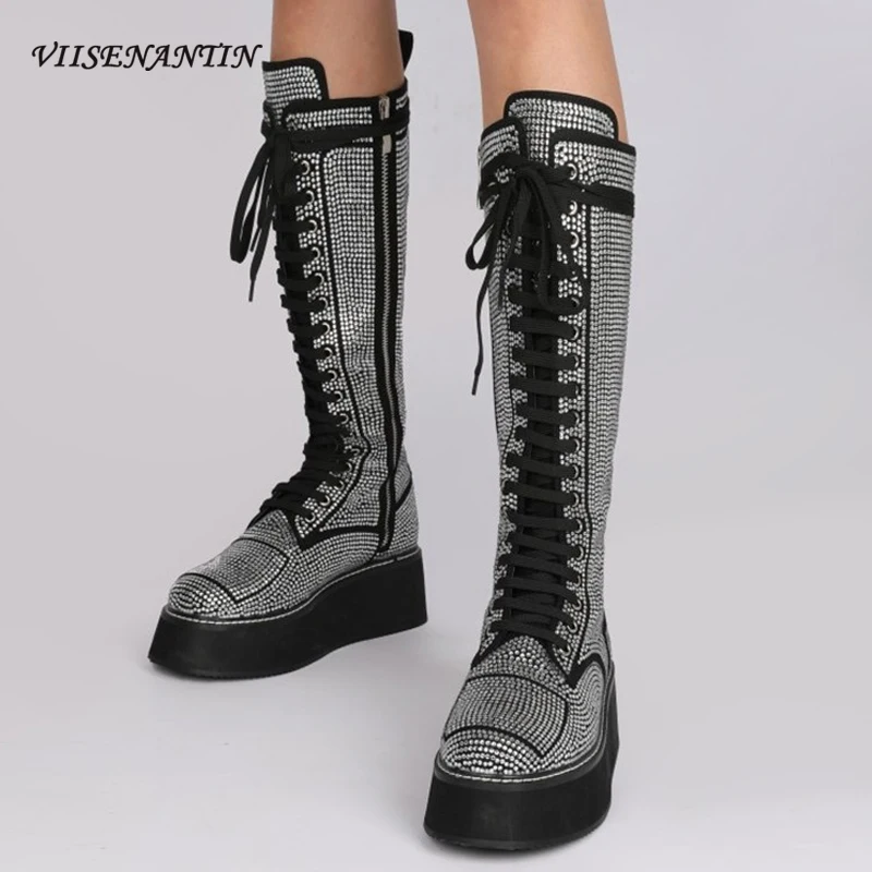 

Brilliant Rhinestone Lace-up Flat Platform Chunky Sole Long New Crystal Mid-calf Catwalk Boots Flock Round Toe White Shoes Women