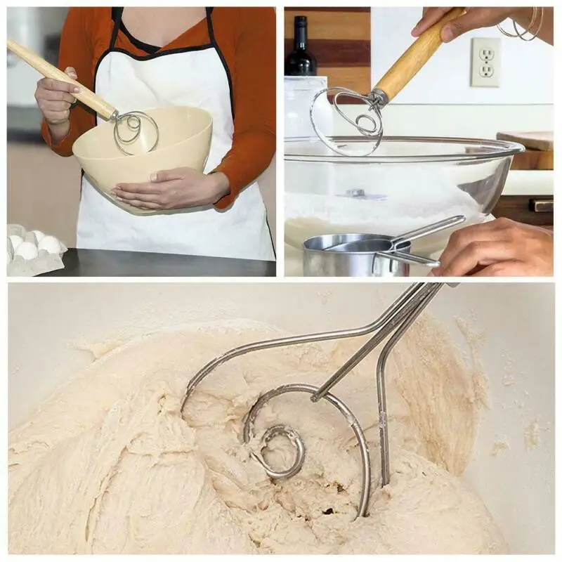 

Creative Danish Dough Whisk Stainless Steel Egg Beater with Wooden Handle Bread Dough Bakeware Dough Whisk Eggs for Kitchen Tool