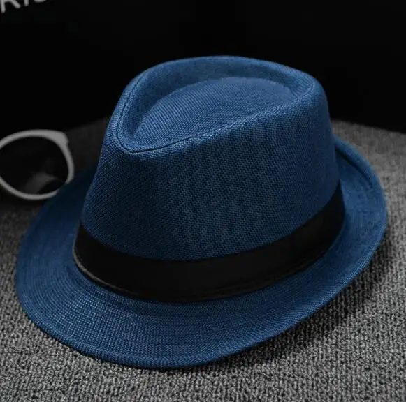 Blue Unisex Straw Fedora Sun Hat Panama Trilby Crushable Mens Lady Foldable Travel With Black Belt Hot Sales Cap Dropshipping - Color: Blue