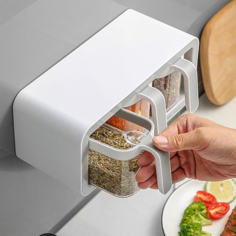 

Seasoning Box Set Wall-Mounted Free Punching and Space-Saving Household Kitchen Shelf Combined Storage Box Rangement Cuisine