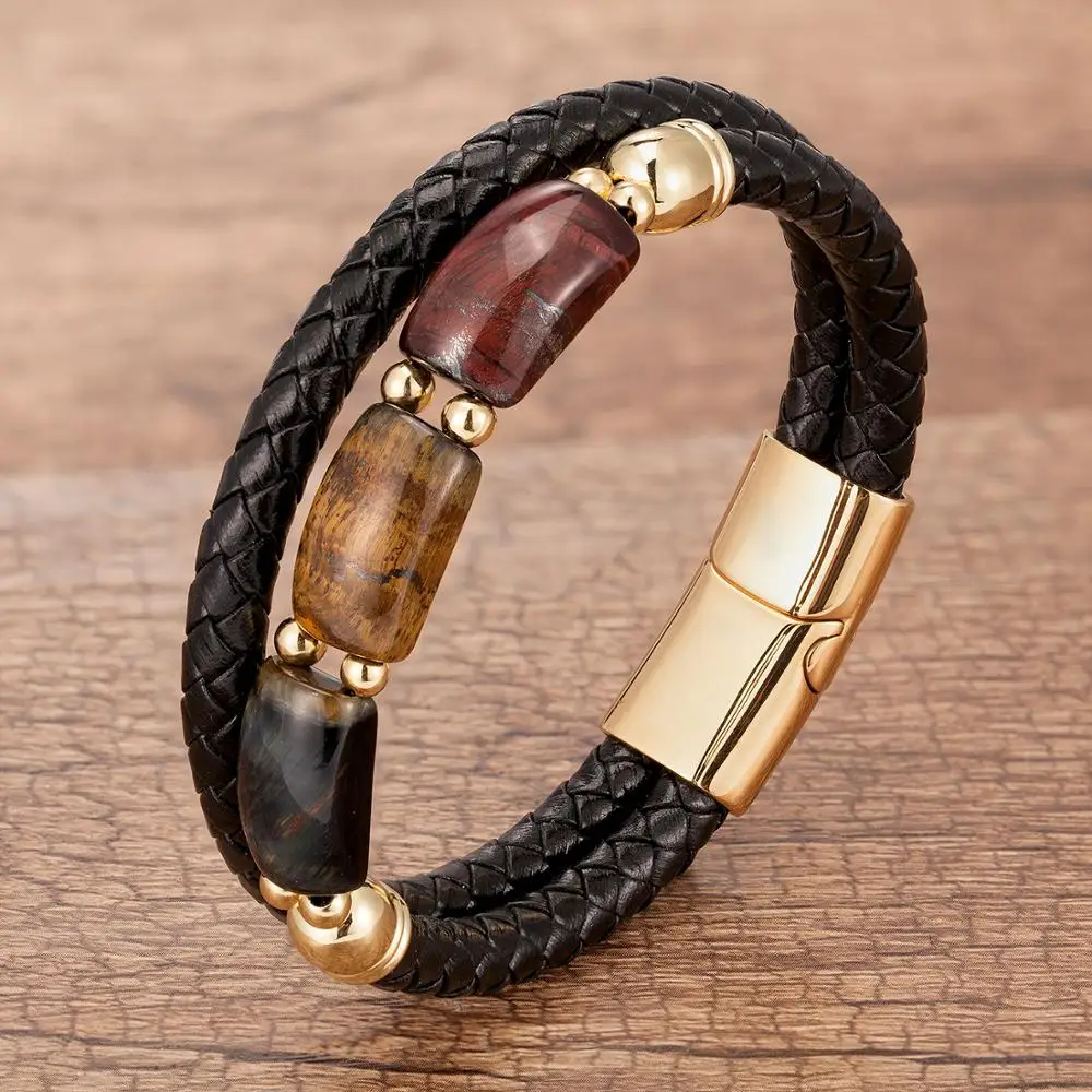 

New Fashion Style Men Leather Bracelet Natural Red Tiger Eye Stone Stainless Steel Magnet Clasp Mens Jewelry 2020 Christmas Gift