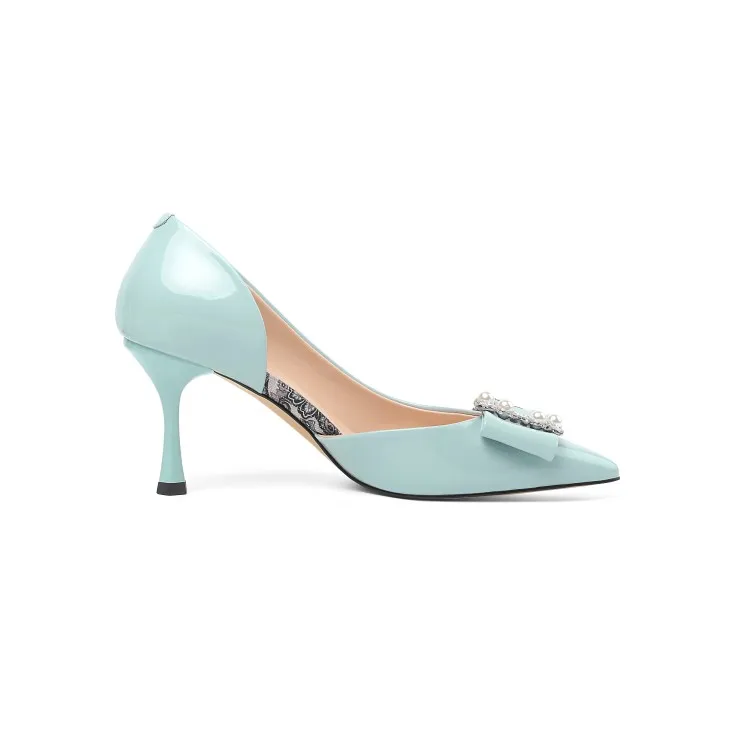 

MLJUESE 2020 women pumps autumn spring soft cow leather thin heel metal decoration pointed toe blue color high heels lady shoes