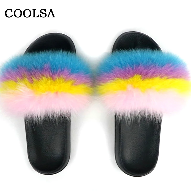mixed color B Coolsa/летние женские шлепанцы из лисьего меха; шлепанцы без задника с натуральным мехом; женские домашние Вьетнамки; повседневные сандалии с мехом; модная пушистая плюшевая обувь - Цвет: mixed color B
