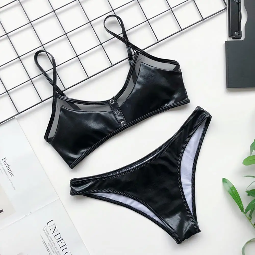 Яркий кожаный женский бикини Танга сетчатый полый купальник комплект