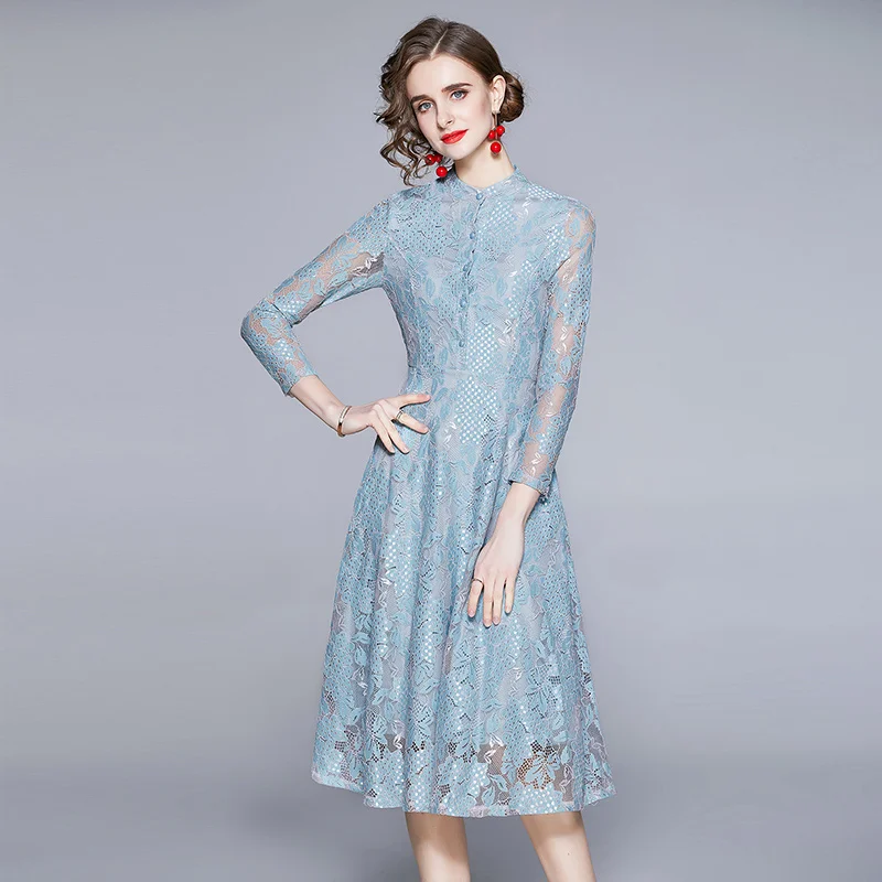 

JSXDHK Новинка весенне-летнее женское кружевное платье миди элегантное женское синее желтое ажурное платье с круглым вырезом на пуговицах обл...