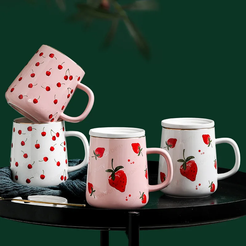 

Strawberry Ceramic Coffee Cup With Lid and Spoon Latte Specialized Flower Tea Juice Water Mug Afternoon Tea Cup Drinkware 420ml
