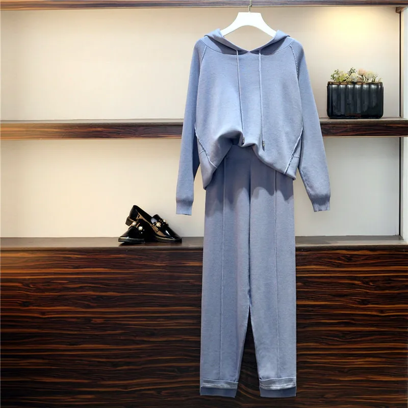 2019 осенние брючные костюмы размера плюс женский комплект 2 шт. синий вязаный