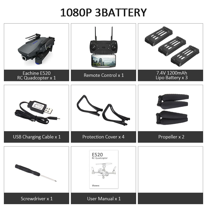 1080P 3battery Eachine E520 wifi FPV с 4 K/1080 P HD широкоугольная камера с высоким режимом удержания складной Радиоуправляемый Дрон Квадрокоптер RTF с безголовым режимом - Цвет: 1080P 3battery