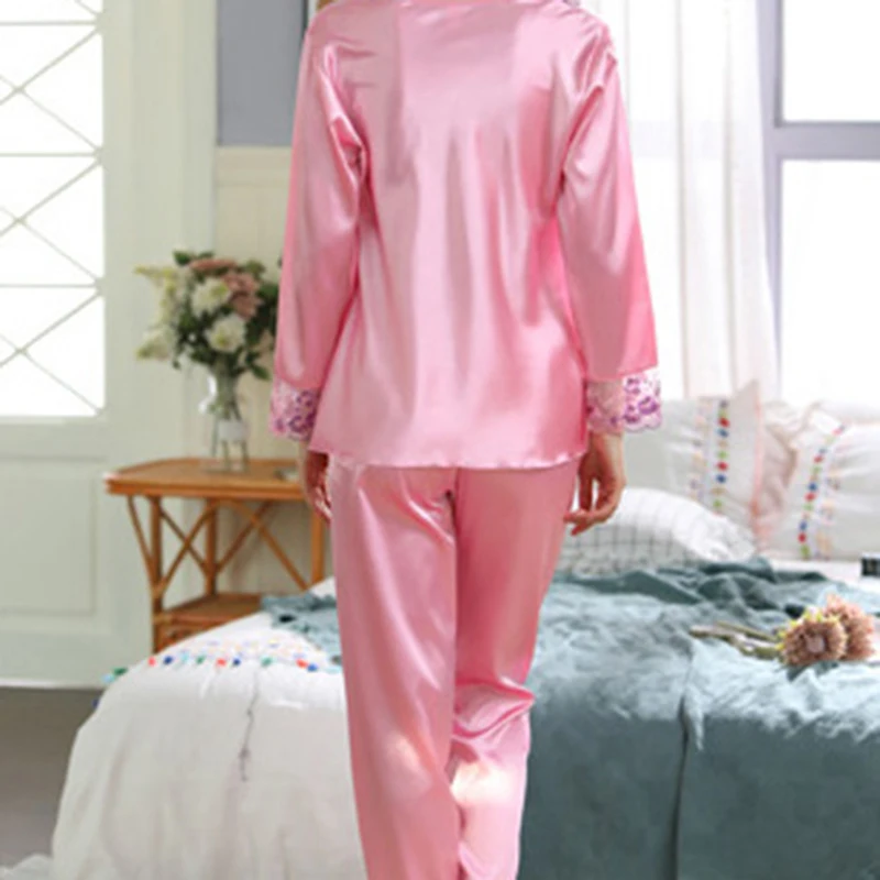 

2021 Women pajamas two-piece long sleeve pants Lace decoration silk cloth leisure homewear Square Collar design nightgown