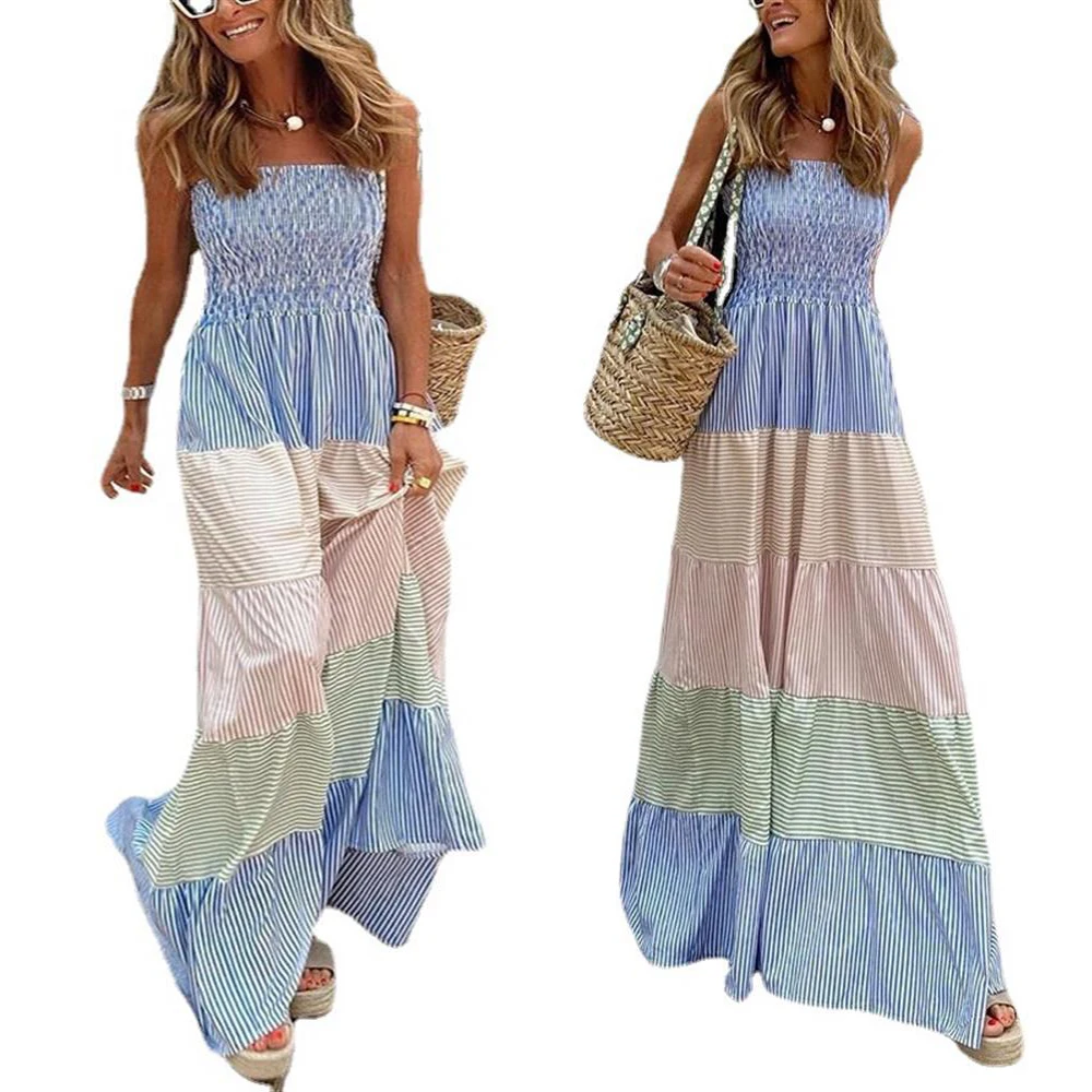

Summer Lady Dress with Striped Print Fit and Flare Floor-length Strapless Sleeveless Backless Pullover Women 2021 Fashion Dress