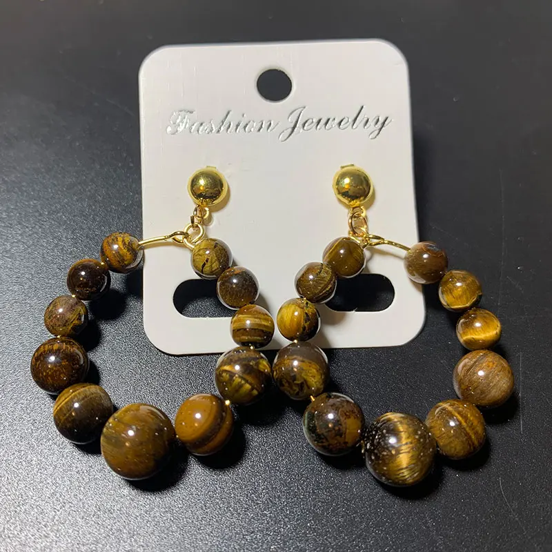 

Wholesale Golden Circle Earrings 10mm 8mm 6mm Natural Round Stone Beads Made Simple Geometry Fashion Jewelry For Women Girls