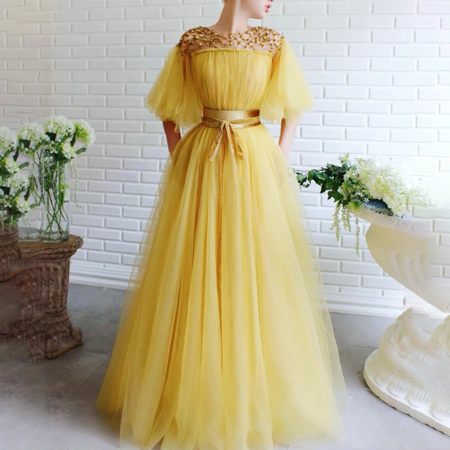 

Cap Betterfly Sleeves with Golden Sequin Beading A-line Yellow Prom Dress vestidos de fiesta largos elegantes de gala