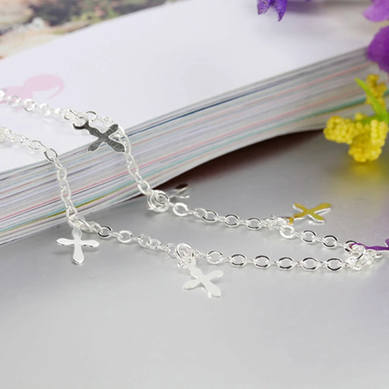 Модный простой браслет на ногу серебряный женский летний звезда крест колокол